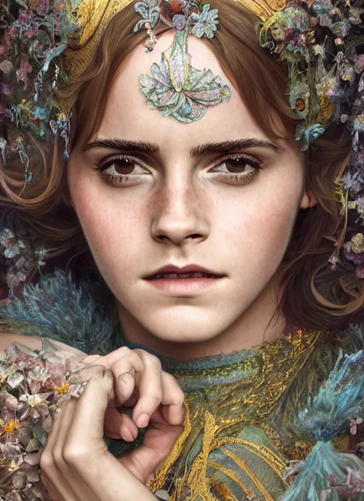 Image similar to Emma Watson as Driada, detailed photograph intricate insanely detailed octane render, 8k artistic photography, photorealistic, full body shot, cute, fantasy, intricate, elegant, highly detailed, digital painting, 4k, HDR, concept art, smooth, sharp focus, illustration, art by alphonse mucha,artgerm, H R Giger