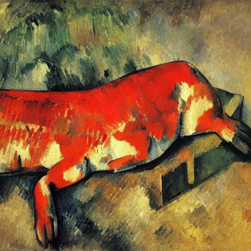 Image similar to dog with red fishes, by cezanne, oil on canvas