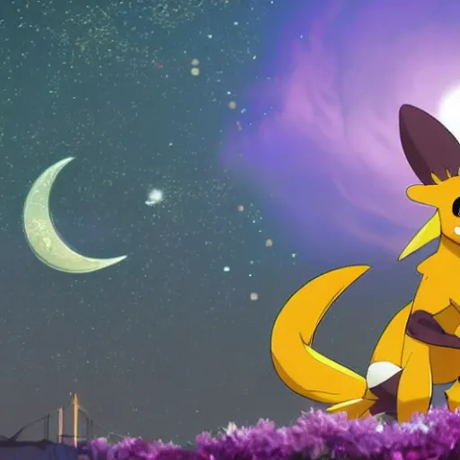 Prompt: Renamon from Digimon in front of the moon by a shimmering lake, sakura petals around her, moonlight, elegant, nighttime, low angle, stars,