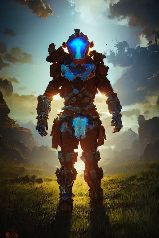 Image similar to combination suit armor aloy horizon forbidden west horizon zero dawn radiating a glowing aura global illumination ray tracing hdr fanart arstation by ian pesty and alena aenami artworks in 4 k tribal robot ninja mask helmet backpack