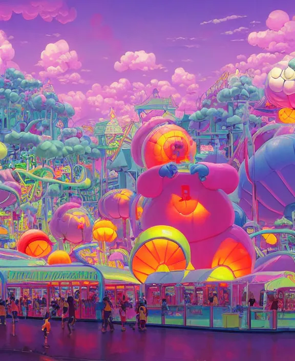 Image similar to a puffy inflated amusement park made out of seamless fat organic creatures, in the style of an aerodynamic blobby obese robot, overgrown with thick orchids, partly cloudy, sun - drenched, dramatic lighting, by dan mumford, yusuke murata, makoto shinkai, ross tran, cinematic, unreal engine, cel shaded, featured on artstation, pixiv