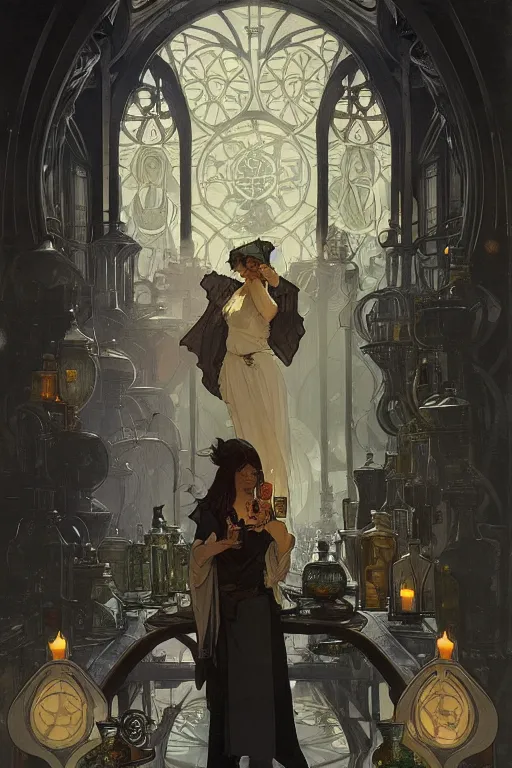 Image similar to portrait of an alchemist in a magic laboratory, by greg rutkowski and alphonse mucha, d & d character, gradient black to silver, medevial interior background, highly detailed portrait, digital painting, artstation, concept art, smooth, sharp focus ilustration, artstation hq