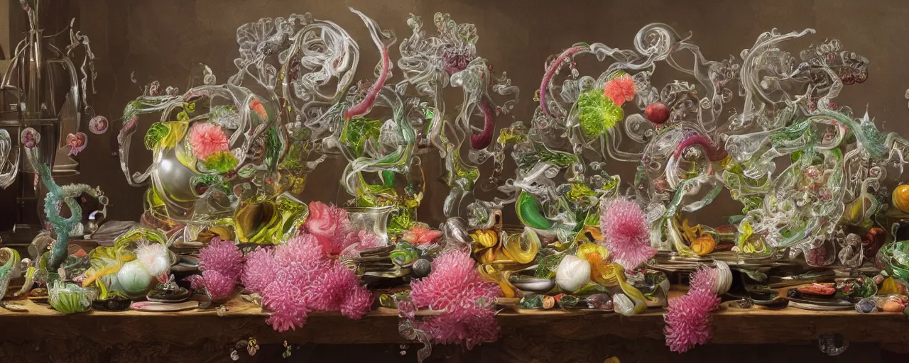 Image similar to ultradetailed photorealistic still life with jelly flowers by ernst haeckel, jan brueghel, james jean and björk, slime and tentacles, wide angle, minimalistic cinematic composition, octane render, bokeh, unreal engine, 4k, 3d render