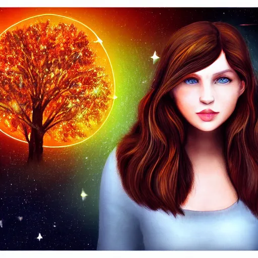 Image similar to an hd photo of a young woman with medium brown hair and green eyes. background of beautiful trees and night sky with colorful stars and galaxies, trending on artstation