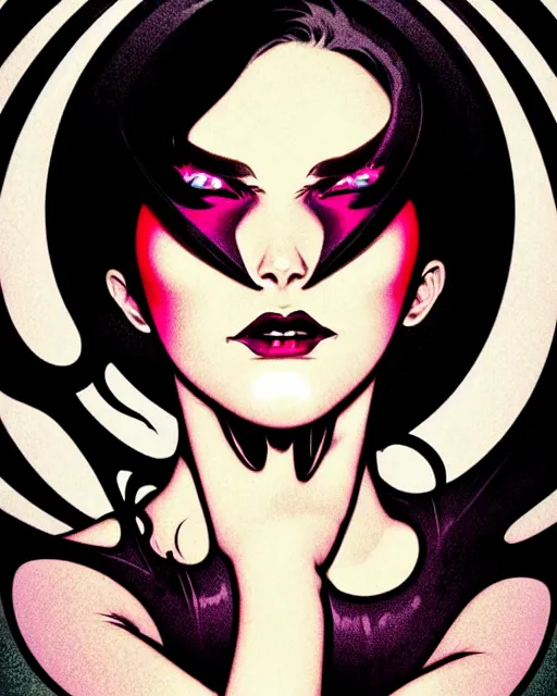 Prompt: low angle closeup beautiful very seductive satanic witch, retro scifi goddess pinup, action glamour pose, windblown dark hair, hyper detailed, digital art, studio lighting, smooth, ambient lighting, sharp focus, frank miller, wlop, anna dittmann, moebius!, alphonse mucha, patrick nagle!!, rim lighting, synthwave