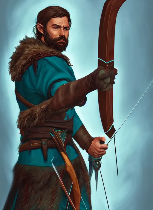 Prompt: A striking epic realism comic book style portait painting of an arrogant half-elf ranger, teal tunic, teal headband, shaggy brown hair, scruffy beard, holding crossbow, D&D Concept Art, unreal 5, DAZ, hyperrealistic, octane render, cosplay, RPG portrait, dynamic lighting