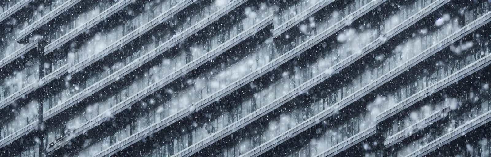 Image similar to snow falling on complex, geometric brutalist buildings, fragmented architecture, diagonal shapes, complex ramps, balconies, stairways, sharp focus, clear focus, beautiful, award winning architecture, le corbusier, frank lloyd wright, snow, fog, mist, hopeful, quiet, calm, serene