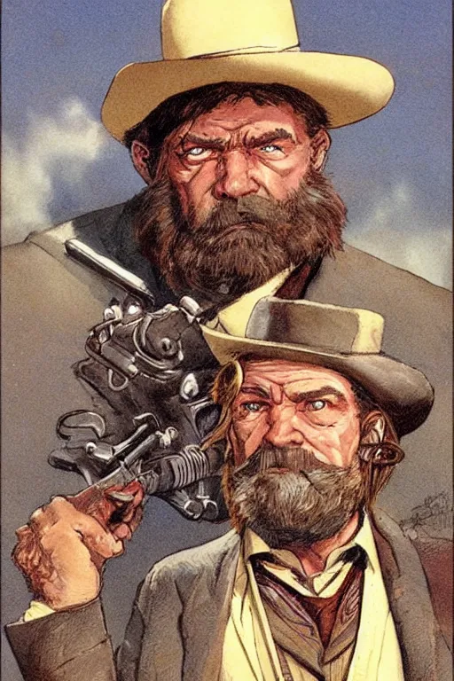 Prompt: vernon. Smug old west circus sharpshooter. concept art by James Gurney and Mœbius.