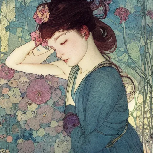 Image similar to a beautiful intricate watercolor illustration of a sleeping cute girl, 4 k, ultra - wide angle, by william turner, by victo ngai, by alphonse mucha, by miho hirano, by moebius, hd, trending on artstation, hyper detailed, muted intense colors