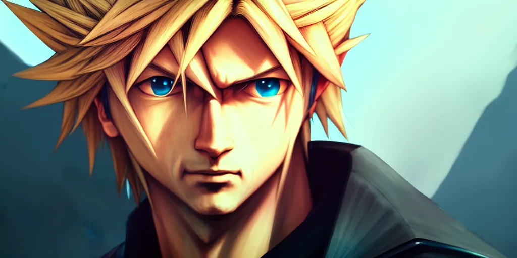 Image similar to low angle portrait of Cloud Strife from ff7, tepainting concept Blizzard pixar maya engine on stylized background splash comics global illumination lighting artstation lois van baarle, ilya kuvshinov, rossdraws