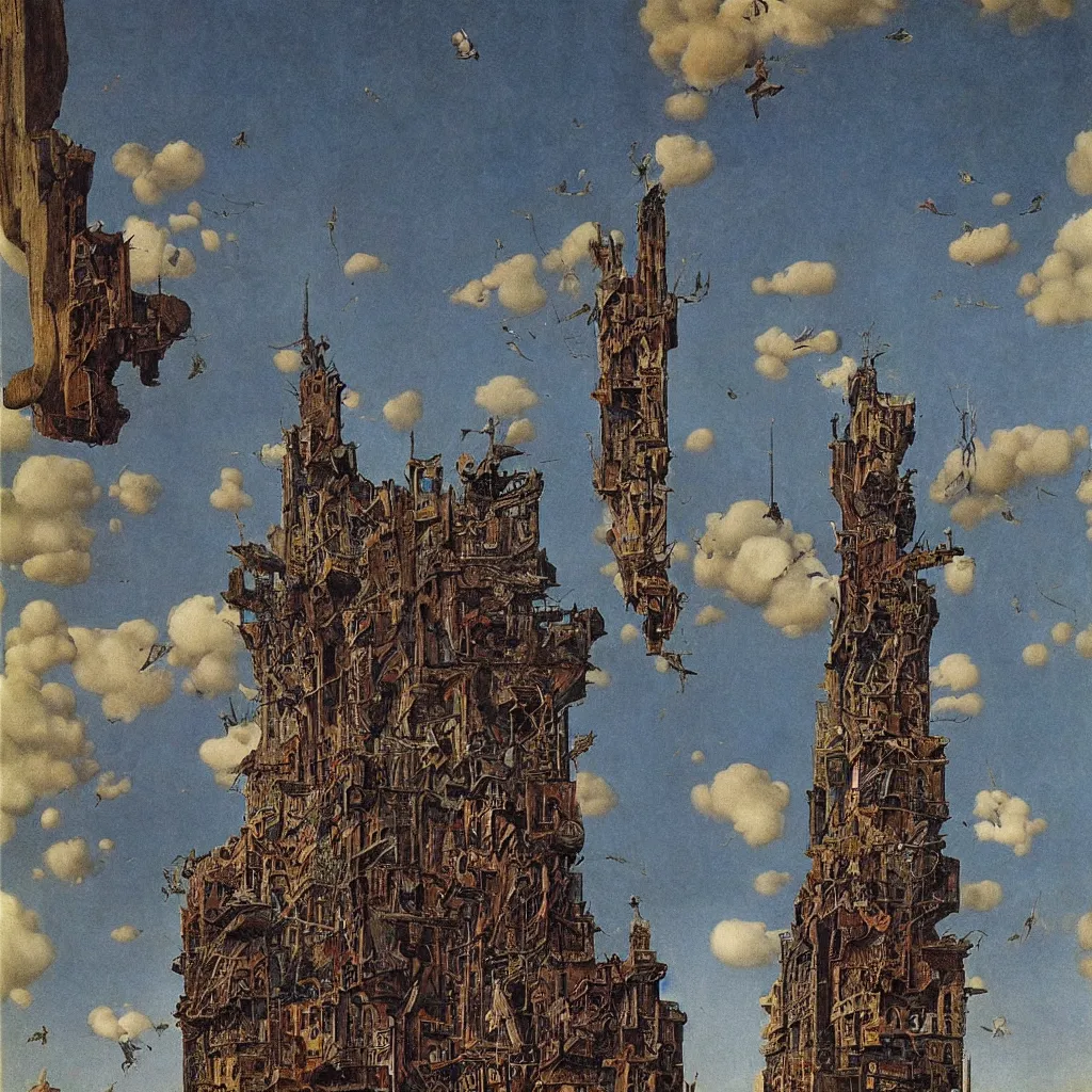 Image similar to a single colorful! ( sergio toppi ) wooden tower white! clear empty sky, a high contrast!! ultradetailed photorealistic painting by jan van eyck, audubon, rene magritte, agnes pelton, max ernst, walton ford, andreas achenbach, ernst haeckel, hard lighting, masterpiece