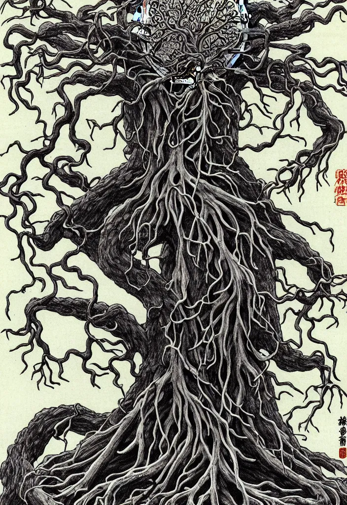 Image similar to prompt: anatomy dissection drawing of magical white skeleton Bonsai tree squid creature roots merging into big moon drawn by Takato Yamamoto, bonsai skeleton anatomy atlas, veins and organs attached to tree roots, alchemical objects inspired by 1980's sci-ci, intricate oil painting detail, manga 1980