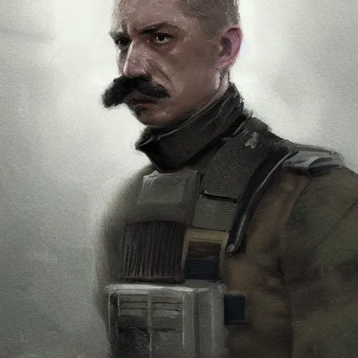 Image similar to portrait of a man by greg rutkowski, british features, short black hair in military style, moustache, perfect military composure, wearing stormtrooper gear, star wars expanded universe, he is about 5 0 years old, highly detailed portrait, digital painting, artstation, concept art, smooth, sharp foccus ilustration, artstation hq