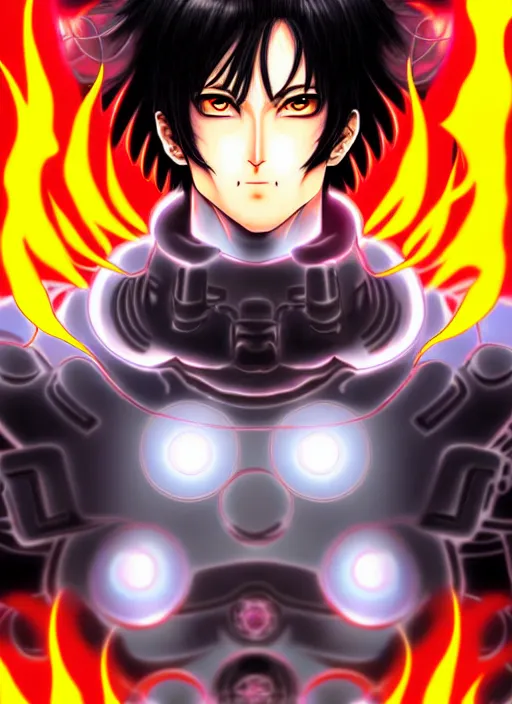 Image similar to a detailed manga full body portrait illustration of a dark haired cyborg anime man surrounded by fire by hirohiko araki, detailed artwork, realism, 4 k resolution, detailed, high quality, sharp focus, hq artwork, insane detail, volumetric lighting, character concept art, fine details, clear subject, central subject