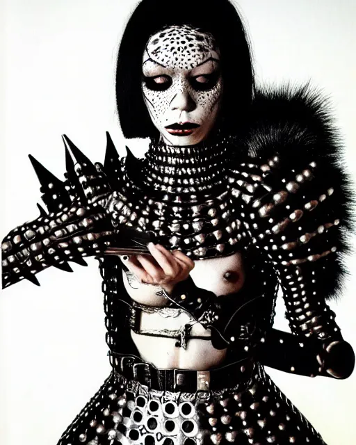 Image similar to portrait of a skinny punk goth yayoi kusama wearing armor by simon bisley, john blance, frank frazetta, fantasy, thief warrior