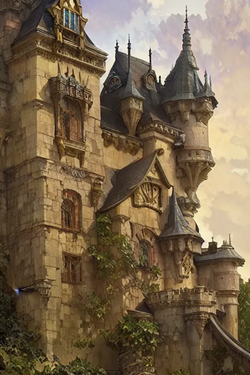 Prompt: An ancient castle, fantasy, painting by greg rutkowski and alphonse mucha