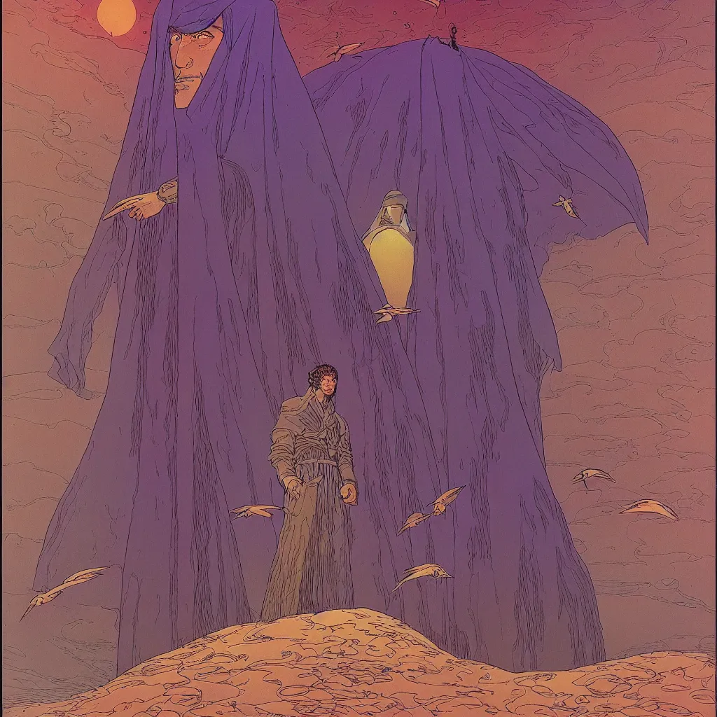 Prompt: centered illustration by jean giraud and moebius of a man wearing a cloak in the abyss, ambient with birds, desert, intrincate, detailed, awesome enviromet, fantasy