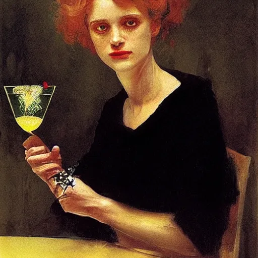 Prompt: portrait of a mysterious woman holding a martini, by Ilya Repin and Dave McKean