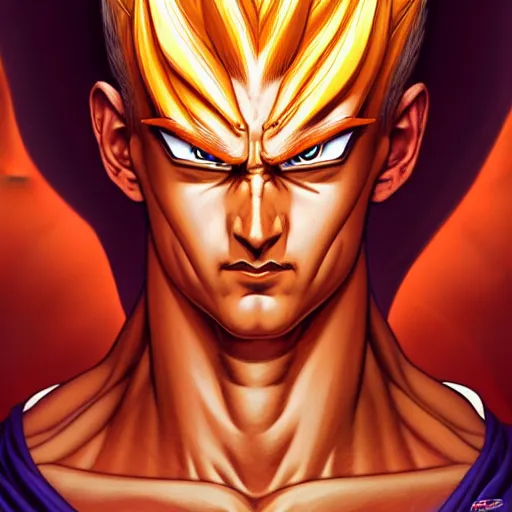 Image similar to symmetry!! intense portrait of sangoku ssj, intricate, elegant, highly detailed, my rendition, digital painting, artstation, concept art, smooth, sharp focus, illustration, art by artgerm and greg rutkowski and alphonse mucha