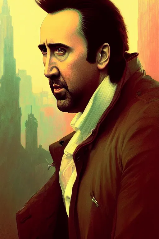 Prompt: a portrait of nicolas cage, fantasy, sharp focus, intricate, elegant, digital painting, artstation, matte, highly detailed, concept art, illustration, ambient lighting, art by ilya kuvshinov, artgerm, alphonse mucha, and greg rutkowski