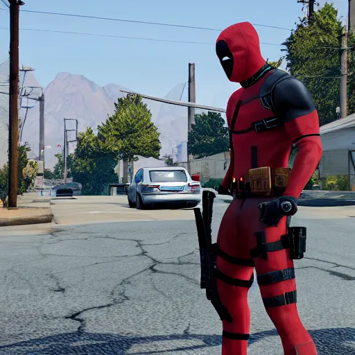 Prompt: deadpool in gta 5 4 k detailed super realistic