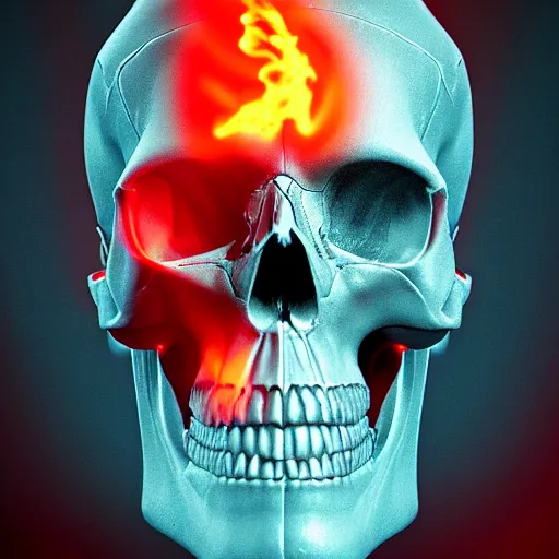 Image similar to a highly detailed human skull on fire in front of a glowing red background, 3 d, fire through eyes, octane render, symmetrical, hyper realism, highly detailed, digital art, artstation, concept art, cinematic lighting, strong bokeh, trending