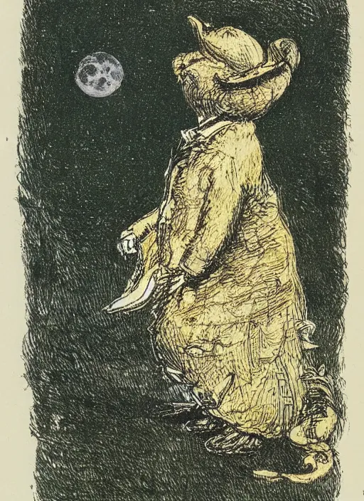 Prompt: candid portrait of a yellow moon, illustrated by peggy fortnum and beatrix potter and sir john tenniel