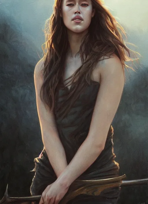 Prompt: alycia debnam - carey, beautiful highly detailed face, complementary lighting, backlit, black eyeshadow, grinning, adventure, dramatic lighting, landscape background, beautiful painting by artgerm and greg rutkowski and raymond swanland