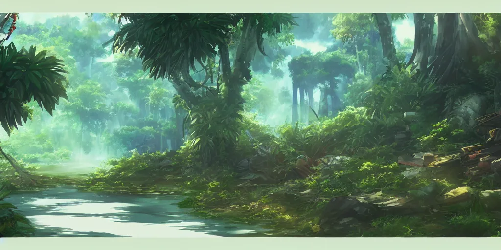 Image similar to Anime environment, huge jungle, animals, simple, rough draft, sketch, muted colors, 8k, trending on artstation