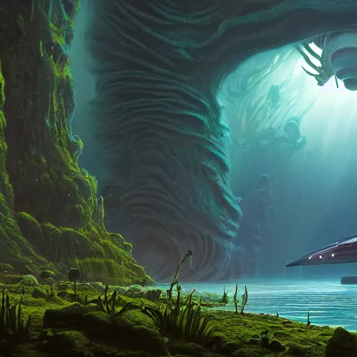 Image similar to a matte painting of alien underwater landscape of lush flora, remnants of old spaceship, alien creatures emerging, morning, by Giger and Ralph McQuarrie and Bruce Pennington, cinematic lighting, ambient light, hyperrealism, nvidia, octane render, 8k, iridescent accents, vray, deviantart