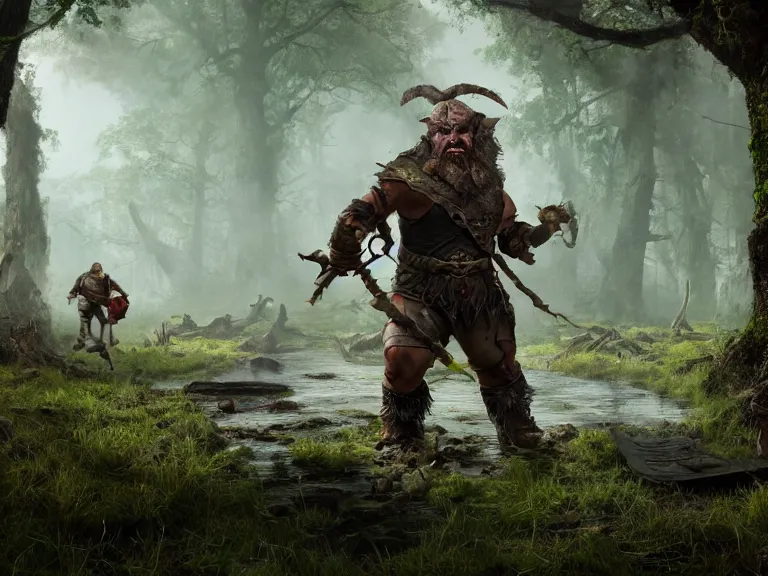 Image similar to Scaredy Cat Dwarf Ranger trips while running through Haunted Swamp, RPG Scene, Oil Painting, Trending on Artstation, octane render, Insanely Detailed, 8k, HD