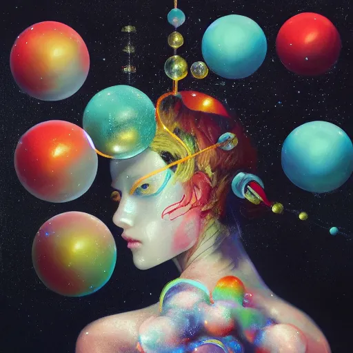 Image similar to surreal gouache painting, yoshitaka amano, ruan jia, conrad roset, bubbles, orbs, incredibly detailed, of floating molecules and a mannequin artist holding an icosahedron with stars, clouds, and rainbows in the background, retrowave, modular patterned mechanical costume headpiece, artstation masterpiece, minimalistic