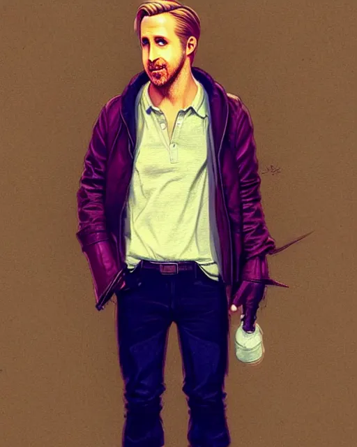 Image similar to full body character concept art of ryan gosling | | distinct - fine, key visual, realistic shaded perfect face, fine details by stanley artgerm lau, wlop, rossdraws, james jean, andrei riabovitchev, marc simonetti, sakimichan, and jakub rebelka, trending on artstation