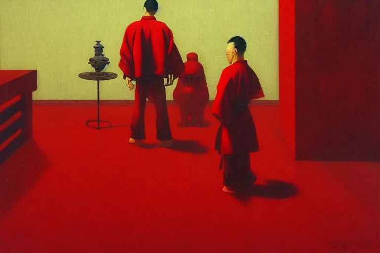 Image similar to only with red, a red samurai, tokio in background, some evil yokai, in the style of beksinski, parts by edward hopper, parts by rodcenko, parts by yue minjun, intricate and epic composition, red by caravaggio, insanely quality, highly detailed, masterpiece, red light, artstation, 4 k