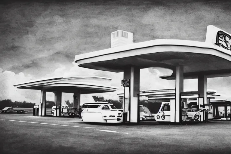 Prompt: a pencil and watercolor art of a beautiful luxurious gas station, retro and 1 9 8 0 s style, beautiful architecture, retro coloring, retro and 1 9 8 0 s style, retro and 1 9 8 0 s filter, black and white, no color