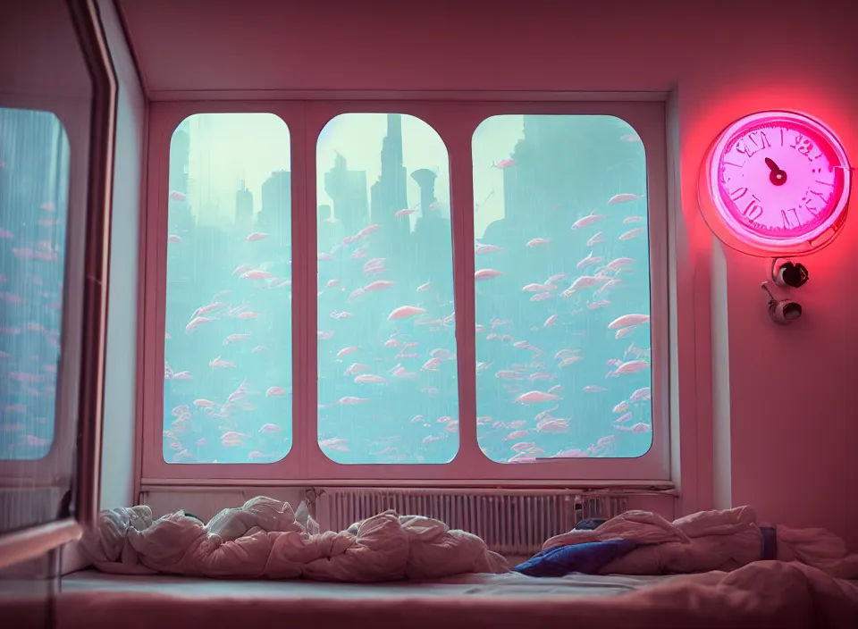 Image similar to telephoto 7 0 mm f / 2. 8 iso 2 0 0 photograph depicting the feeling of insomnia in a cosy cluttered french sci - fi ( art nouveau ) pale cyberpunk apartment in a pastel dreamstate art cinema style. ( aquarium, computer screens, window ( city ), led indicator, lamp ( ( ( gym ) ) ) ), ambient light.