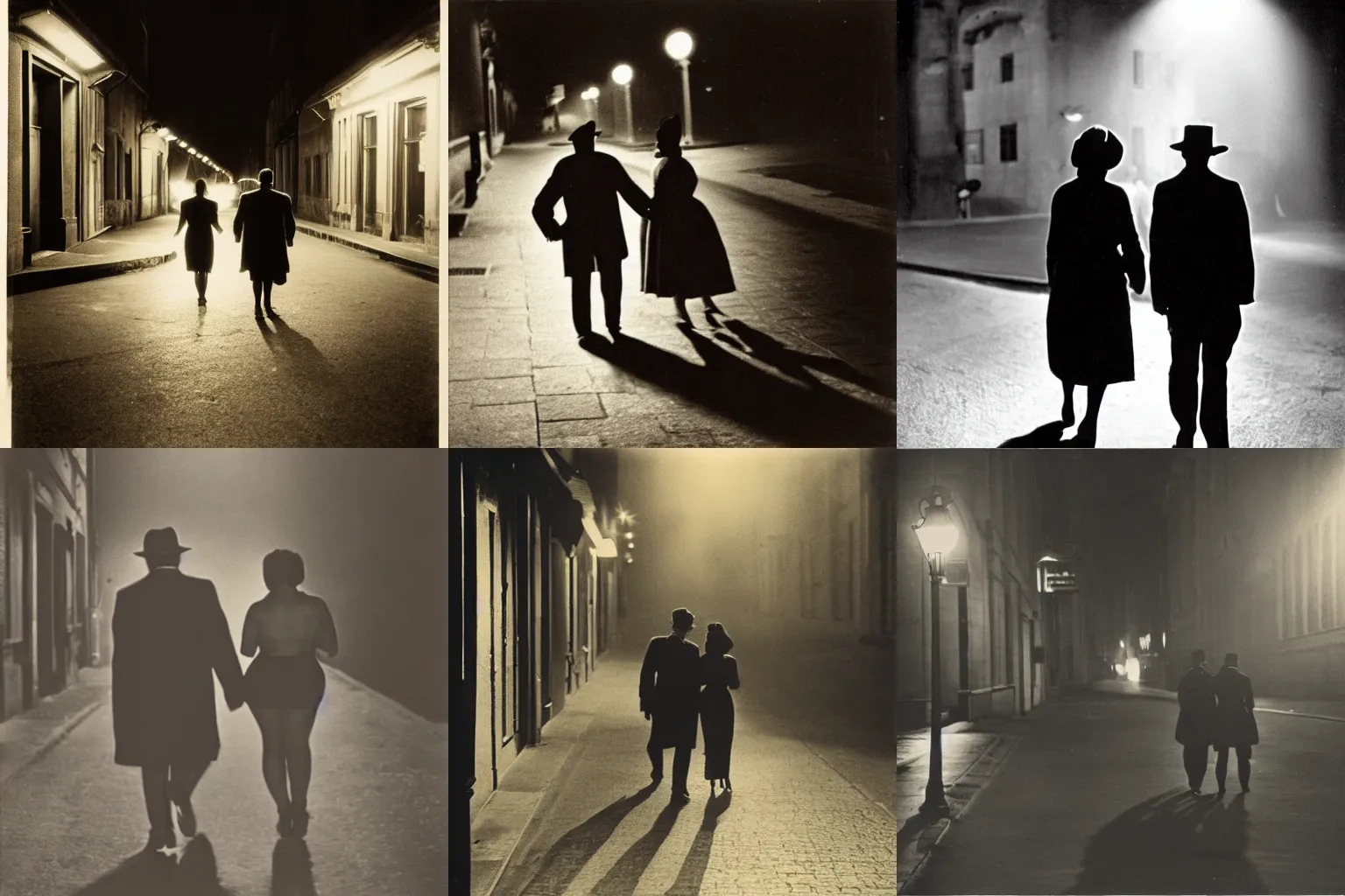 Prompt: a man and woman walking in a street at night, photograph by Brassaï, backlit, rimlight