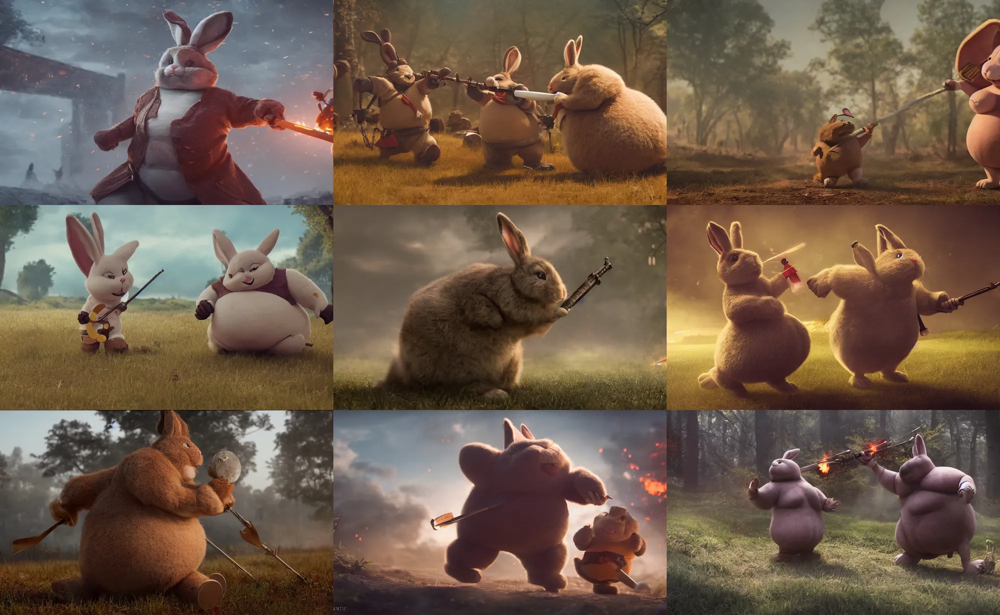 Prompt: cinematic shot of obese anthropomorphic bunny righting in battle by greg rutowski, 4 k, masterpiece