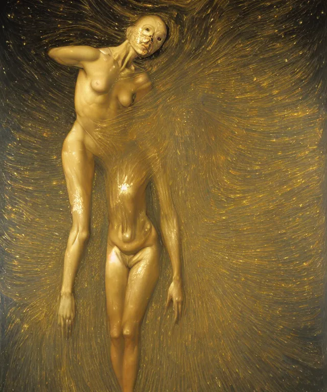 Image similar to Beautiful full-body wax sculpture of glowing transparent woman with visible gold bones covered with melted white wax inside the singularity where stars becoming baroque folds of dark matter by Michelangelo da Caravaggio, Nicola Samori, William Blake, Alex Grey and Beksinski, dramatic volumetric lighting, highly detailed oil painting, 8k, masterpiece