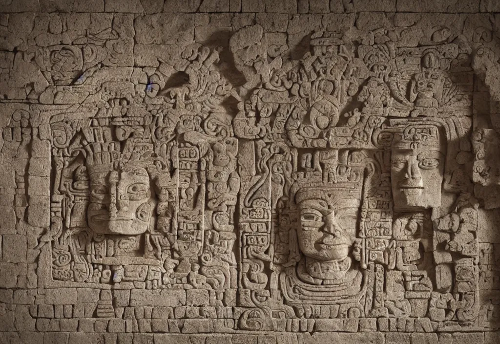 Image similar to a mayan temple interior with symmetric recogniseable giant face portrait of a mayan god-emperor in the center Carved in stone relief style behind an ancient altair of sacrafice. 3d render. Realistic. Well Detailed. Torch light. Omnious, intricate.