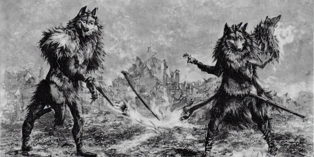 Image similar to anthropomorphic furry wolf in armor standing in front of a burning village, 1900s film scene