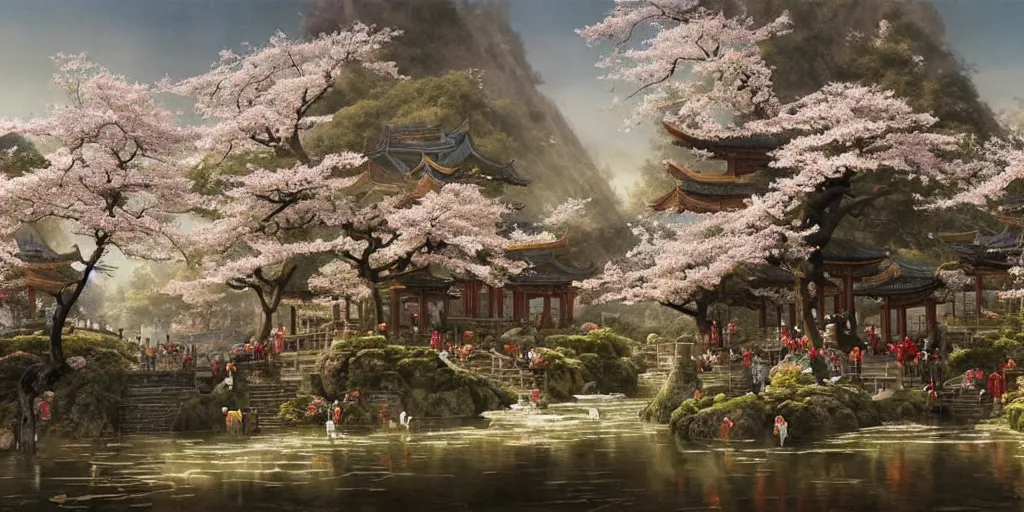 Image similar to a street in a ancient chinese characteristics. it has a high degree of fantasy. cherry blossom forest, there are pavilions in the air, koi jumping in the air, and fairy birds and animals such as cranes and deer coexist with people. it is the life scene of the ancient people, a detailed matte painting by christophe vacher and albert bierstadt