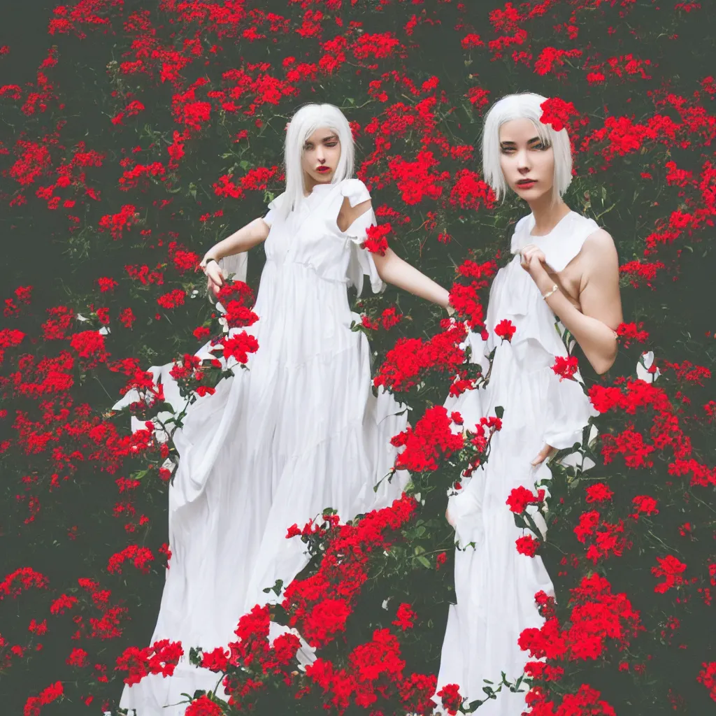 Prompt: girl with white hair in a white dress, red flowers, aesthetics, gradient