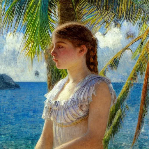 Image similar to a ultradetailed beautiful painting of a girl in the amazonas palace designed by jules bastien - lepage, hans belmer, frank weston and gustave baumann, beach, trending on artstation, mediterranean, palm trees, refracted color sparkles, sharp focus, soft light, 8 k 4 k