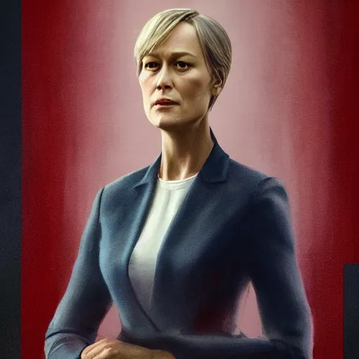 Image similar to painting of claire underwood in house of cards tv show, in the style of fenghua zhong and ruan jia and jeremy lipking and peter mohrbacher, mystical colors, rim light, beautiful lighting, 8 k, stunning scene, raytracing, octane, trending on artstation