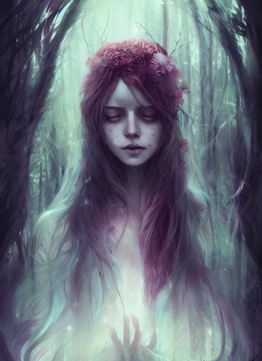 Prompt: ghost of the forest by Anna Dittmann, digital art, horror, trending on artstation, anime arts, featured on Pixiv, HD, 8K, highly detailed, good lighting, beautiful, epic, masterpiece