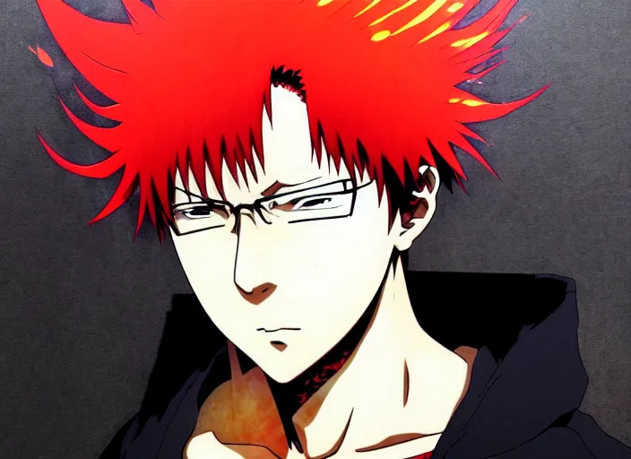 Image similar to a anime portrait of a man with flaming hair, close up, jujutsu kaisen!! finely detailed features, sharp focus, perfect art, scenic background, intricate, anime, illustration, artstation, trending on pixiv fanbox, painted by studio ghibli, yoji shinkawa, mappa