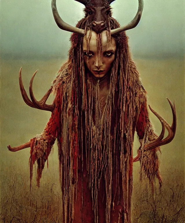 Prompt: a detailed horned antelopewoman stands among the swamps. wearing a ripped mantle, robe. perfect faces, extremely high details, realistic, fantasy art, solo, masterpiece, art by hermann nitsch, zdzislaw beksinski, dariusz zawadzki, giger, dragan bibin