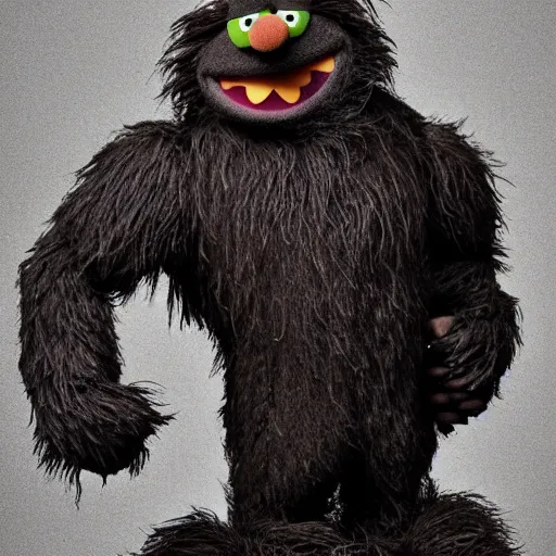 Image similar to a still of a forgotten muppet character looking very manly and modern, hilarious, laughing, hairy chest, huge chin, manly monster tough guy, roughled fur, photo real, photographic, photograph, artstation, trending, featured