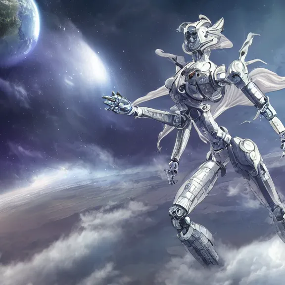 Image similar to giant stunning goddess shot, beautiful hot anthropomorphic robot mecha female dragon larger than the planet, gently caressing earth, looming over earth in space, detailed silver armor, epic proportions, epic scale, highly detailed digital art, furry art, macro art, giantess, macro, furaffinity, deviantart, 8k 3D realism